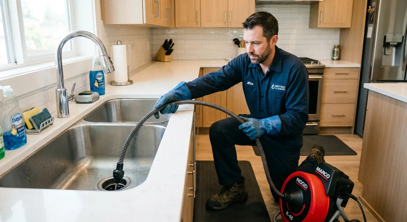 Drain cleaning technician using a motorized snake on a kitchen sink in Edgewood