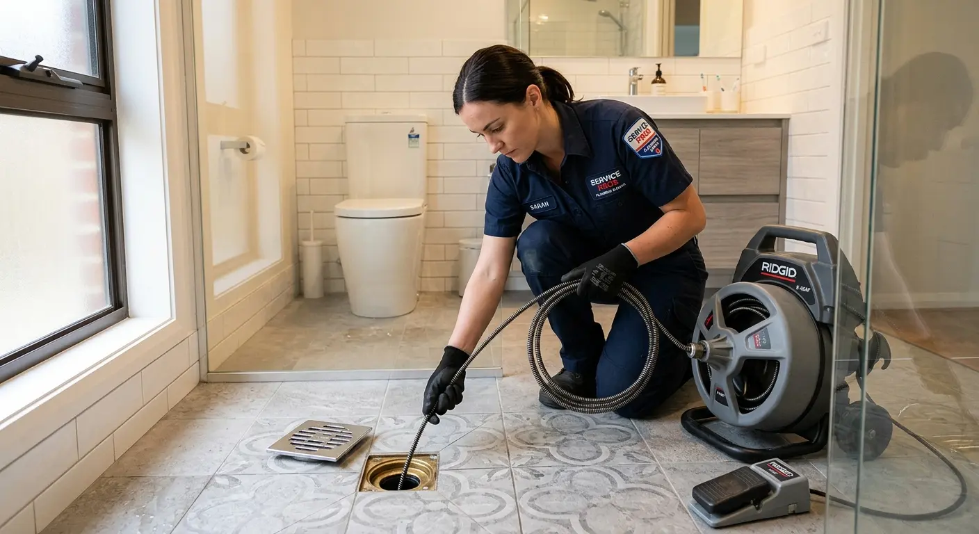 Technician clearing a bathroom floor drain for Sewer Line Installation in Edgewood